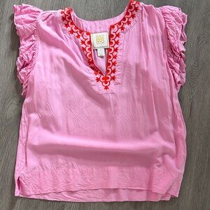 Chic Pink Blouse with Red Embroidery